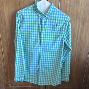 Vineyard Vines Men's Blue and Green Checkered Shirt